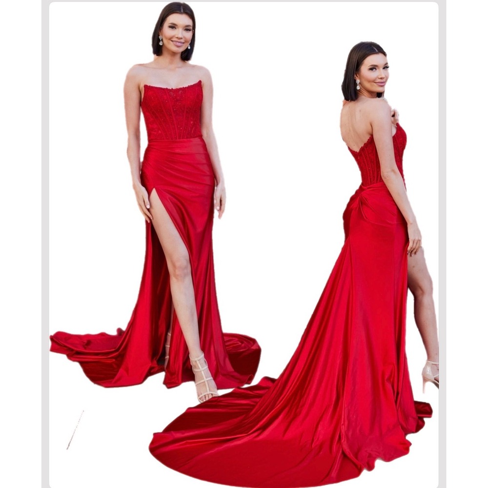 Sophia Thomas 6004 Red Lace Rhinestone Satin Corset Prom Dress Slit Train Sz 8